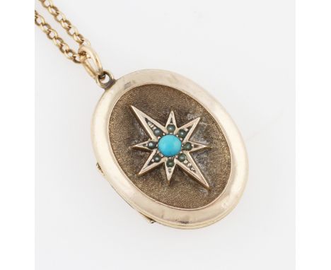 A Victorian turquoise and seed pearl locket, unmarked yellow metal, with 9ct yellow gold belcher link chain, hallmark rubbed,