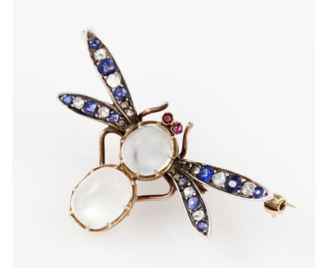 A multi-gemstone dragonfly brooch, the body set with two moonstone cabochons, the wings set with alternating round cut diamon