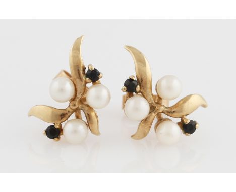 A pair of sapphire and seed pearl earrings.