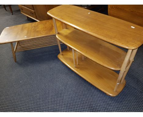 An Ercol light elm three tier bookcase, and Ercol light elm coffee table with magazine shelf below.