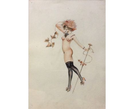 C. VON SEEBACH. Framed, glazed, mounted watercolour on paper, study of nude lady with walking stick, 35cm x 24cm.