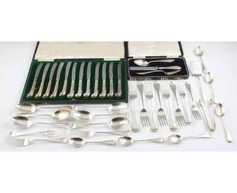 A collection of Victorian hallmarked silver flatware, to include six teaspoons, six dessert spoons, six table forks, five des