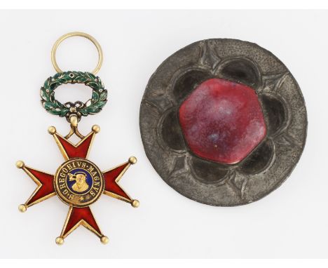 An Order of St Gregory Commanders enamel badge, together with a Ruskin pottery set brooch, (2).