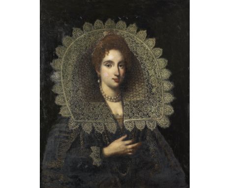 Manner of Ottavio Maria Leoni, 19th CenturyPortrait of a lady, half-length, in black, embroidered costume and lace ruff oil o