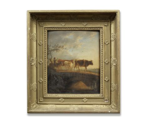 Jean-Baptiste de Roy (Brussels 1759-1839)A drover and his cattle crossing a bridge signed and dated 'J B De Roÿ 1823' (lower 