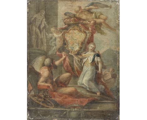 Neapolitan School, late 18th CenturyAn Allegory of the House of Bourbon-Parma with a coat-of-arms beside the Farnese Hercules
