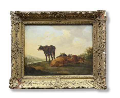 Follower of Aelbert Cuyp (Dordrecht 1620-1691)Cows in a river landscape bears signature 'cüyp' (lower right)oil on panel40.3 