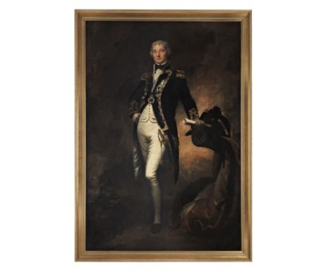 English School, 19th CenturyPortrait of a naval officer, full-length, in uniform, his arm resting on a canonoil on canvas 211
