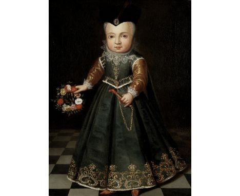 Swiss School, circa 1700Portrait of a girl, full-length, in a green dress holding a garland of flowers oil on canvas 71.4 x 5