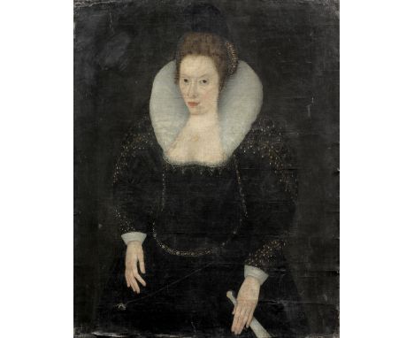 English School, circa 1600Portrait of a lady, three-quarter length, in a black dress, a white ruff and holding a fan oil on c