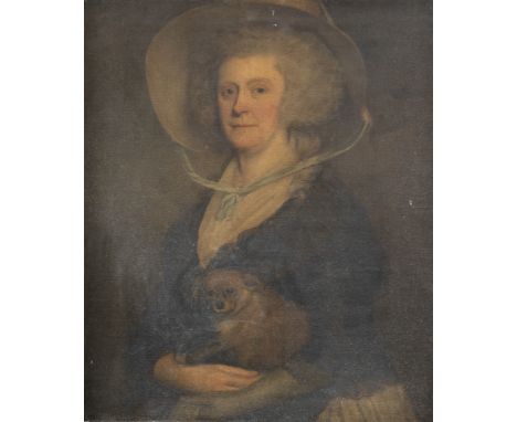 English School, 18th CenturyPortrait of a lady, said to be Mrs Falconer, half-length, in a hat, holding her dog oil on canvas