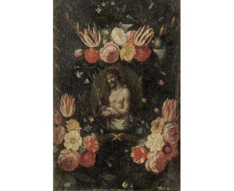 Antwerp School, 17th CenturyA garland of flowers surrounding Christ with the crown of thorns signed with monogram 'CL' (centr