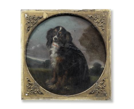 French School, early 19th CenturyA spaniel seated in a landscape oil on canvas, tondo49.5 x 52.4cm (19 1/2 x 20 5/8in).This l