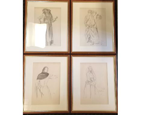 Set of 4 Augustus John pencil sketch prints of ladies in assorted costumes, 1907/09 45 cm wide x 55.5 cm including frame.