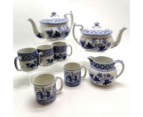 Qty of Spode blue &amp; white Geranium teaware inc pair of teapots (25cm across), 3 mugs + milk jug t/w 2 x Indian sporting m