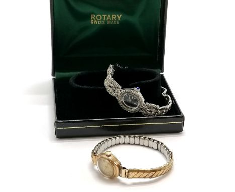 9ct gold cased ladies watch on stretchy metal bracelet t/w boxed manual wind Rotary ladies wristwatch with marcasite &amp; bl