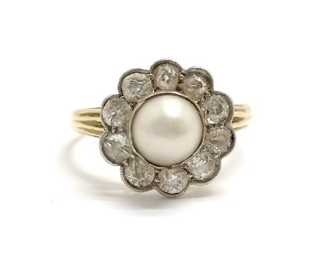 Unmarked (touch tests as 15ct) gold pearl &amp; diamond cluster ring - size N &amp; 2.9g total weight - SOLD ON BEHALF OF THE