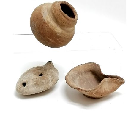 2 x Roman pottery oil lamps t/w pottery honey pot (9cm) - 1 lamp has chips