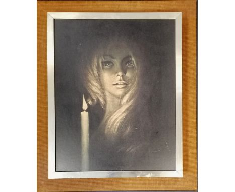 Mid 20th century retro framed print of a girl with a candle - 56cm x 66cm ~ some damage to frame 