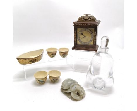 Art glass decanter (Orrefors?) 19cm high t/w 5 x Kashmiri vessels, soapstone scarab desk seal &amp; clock - all slight a/f