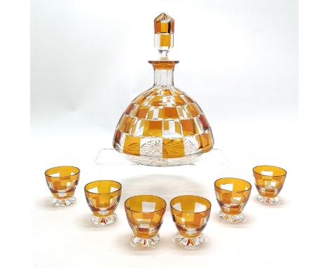 Art Deco Bohemian decanter (23cm high) &amp; 6 x glasses with amber overlaid glass detail - no obvious damage