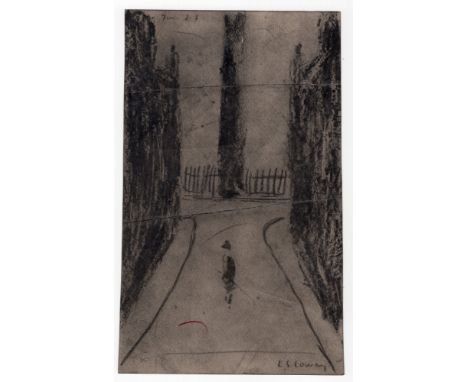 L S Lowry signed pencil sketch of a figure stood in a street with railings &amp; tree in distance - 16cm x 26cm and has writi