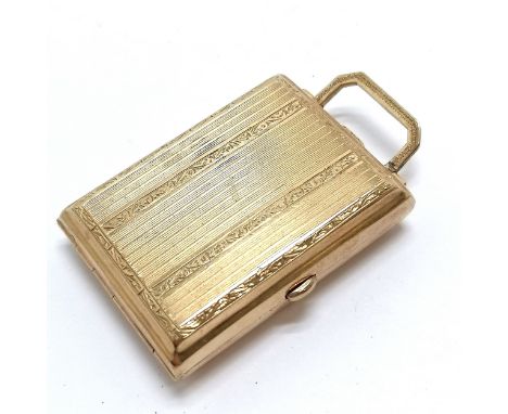 1926 Art Deco 9ct hallmarked gold vanity pendant (with sprung lid &amp; engine turned detail) with mirror by Abrahams Brother