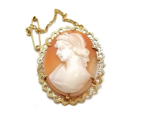 9ct hallmarked gold hand carved cameo portrait brooch with safety chain - 3cm drop &amp; 4.8g total weight - SOLD ON BEHALF O