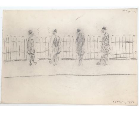 1958 dated &amp; signed L S Lowry pencil sketch on paper entitled 4 'people standing' by railings - 38cm x 27cm ~ Laurence St