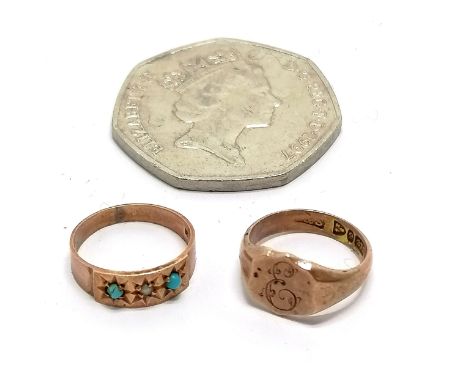 2 x antique rose gold babies rings - signet ring has Chester hallmarks - the turquoise / pearl ring has a total diameter of 1