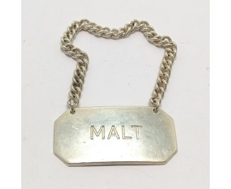 Heavy gauge silver Malt decanter label by KS - 6cm across panel &amp; 61g - SOLD ON BEHALF OF THE NEW BREAST CANCER UNIT APPE