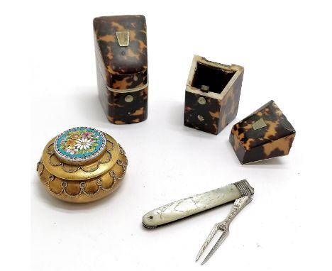 Antique micro mosaic lidded gilt metal pot (4.5cm diameter), antique folding mother of pearl fork t/w 2 x tortoiseshell &amp;