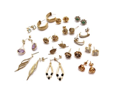 14 x gold earrings inc emerald/diamond, blue topaz, diamond set square, amethyst drop etc - total weight 13.3g - SOLD ON BEHA