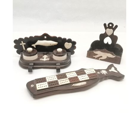3 x hardwood &amp; bone mounted desk items inc whale shaped cribbage board (30cm), inkstand &amp; desk tidy