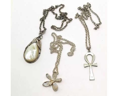 3 x silver pendants on long silver chains (longest 60cm) inc mother of pearl pendant (6cm drop - back a/f), ankh &amp; orchid