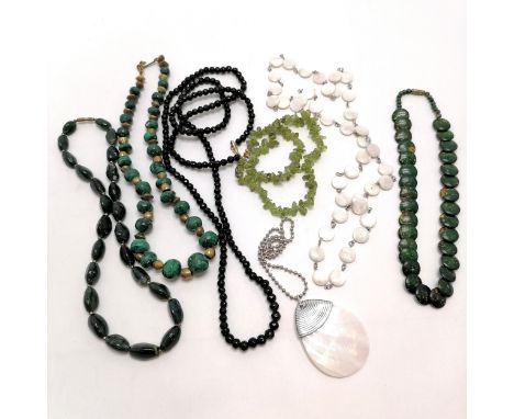 Long (108cm) black bead necklace with watch chain clasp t/w hardstone &amp; mother of pearl necklaces etc - SOLD ON BEHALF OF