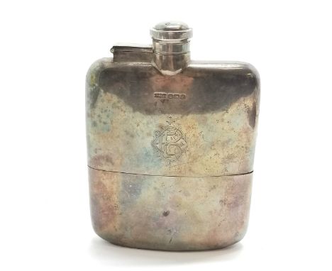 1923 silver 5/16 pint hip flask by James Dixon &amp; Sons Ltd - 13.5cm high x 10cm wide &amp; 229g ~ slight dents otherwise i