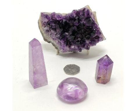 Amethyst geode (12cm across) + 2 rough crystals + polished stone (289ct) 