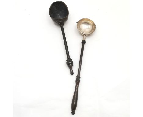 Antique turned wooden handled ladle with white metal bowl (old repairs - &amp; 37cm long) t/w ladle with coconut bowl
