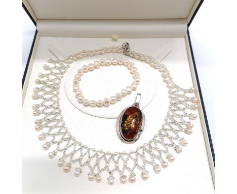 925 silver marked amber pendant t/w silver mounted Shipton &amp; Co pearl collar - box size 18.5cm x 19.5cm 