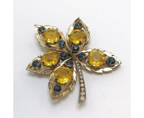 R derosa sterling silver gilt paste set leaf brooch - 6cm across &amp; 35g ~ 1 yellow stone has a chip