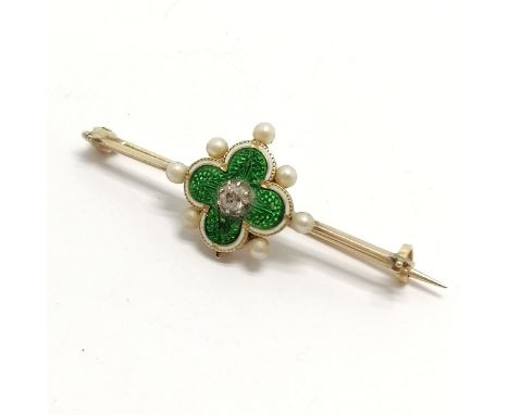Antique unmarked (touch tests as 15ct) gold diamond / pearl / green and white enamel bar brooch - 4cm &amp; 3.2g total weight