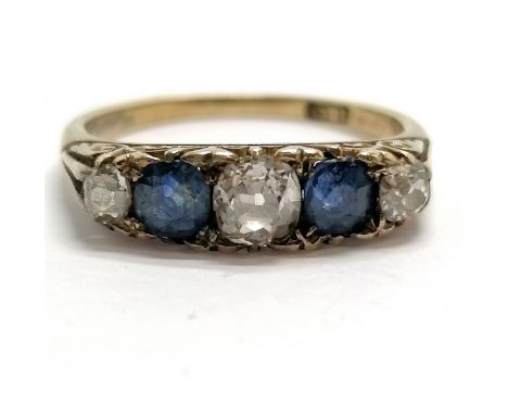 Antique 18ct marked gold sapphire &amp; diamond ring - size R &amp; 3.9g total weight