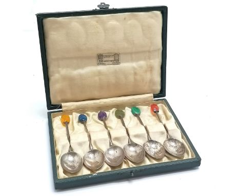 Liberty &amp; Co 1925 Birmingham silver hallmarked set of 6 x coffee bean teaspoons set with hardstones (inc amethyst) in ori