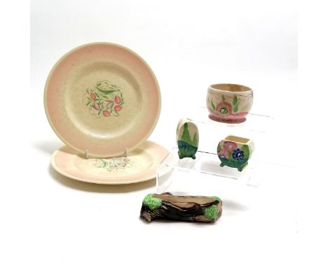 Clarice Cliff Bizarre part cruet set A/F, 2 Susie cooper plates, crazed etc.