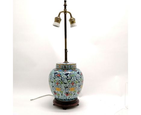 Chinese good quality cloisonne vase lamp on a turned wooden base - 64cm high with no obvious damage