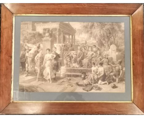 Large Rosewood framed print of Greek garden scene, 86 cm wide x 66 cm high, slight losses to frame.