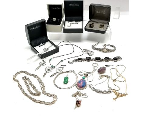 Qty of silver jewellery inc silver gilt green stone necklet, marcasite set wristwatch, dreamcatcher catcher earrings / neckle