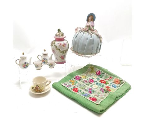 Vintage pin dolly 19cm high, Spode miniature teapots and cups, Fabric handkerchief roll, Meissen lidded pot A/F etc.