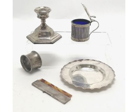 Silver cased retractable comb (9.5cm), circular dish, napkin ring, loaded base candlestick &amp; mustard pot with blue liner 